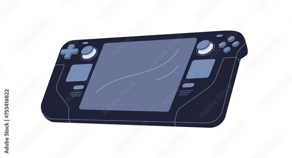 Fototapete Playing console, video game controller. Videogame gadget, gamers device with screen and buttons. Modern joypad accessory, gamepad. Flat graphic vector illustration isolated on white background
