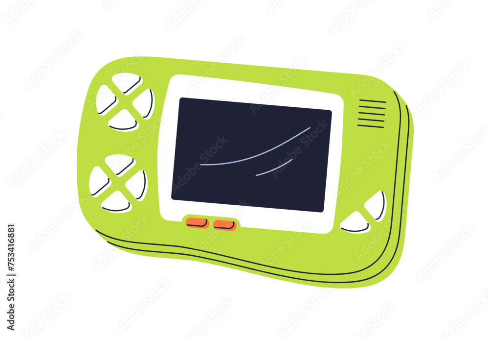 Poster Retro video game controller. Old 90s and 00s videogame console, playing gadget, gamers device. Nineties gamepad accessory with screen. Flat graphic vector illustration isolated on white background