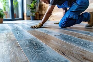 Man installing laminate floor in home.