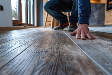 Man installing laminate floor in home. - obrazy, fototapety, plakaty