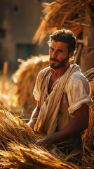 Gideon threshing wheat in a winepress, Bible story.