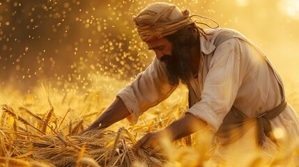 Gideon threshing wheat in a winepress, Bible story.