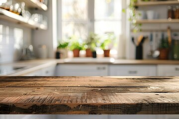 Wooden kitchen table top with copy space.
