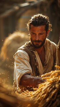 Gideon threshing wheat in a winepress, Bible story.