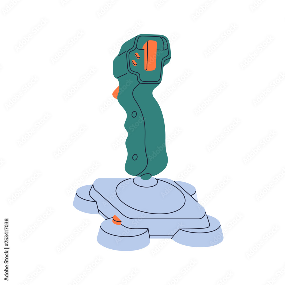 Poster Retro 80s joystick, game controller. Vintage old joy stick with red button. Joypad, playing console. 1980s gamers emulation device. Nostalgic flat vector illustration isolated on white background