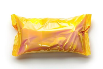 Isolated orange pillow packages for food production mockup made of foil and plastic snack bags on a white background, Generative AI. - obrazy, fototapety, plakaty