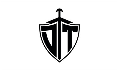 DT initial letter shield icon gaming logo design vector template. batman logo, sports logo, monogram, polygon, war game, symbol, playing logo, abstract, fighting, typography, icon, minimal, knife logo
