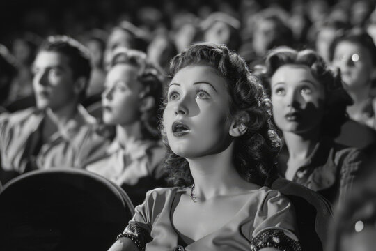 Movie audience with a young caucasian american woman central, with 1950s style