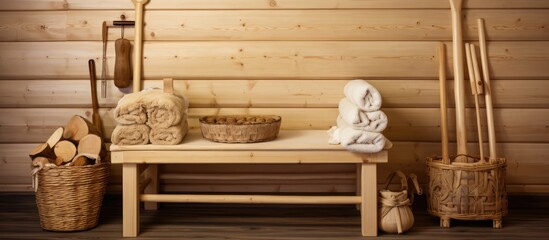 Russian traditional sauna bench set up with bath brooms towels and scoop