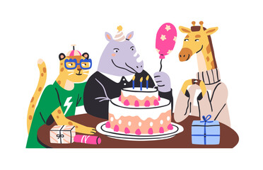 Cute animal characters at birthday party, celebrating with holiday cake, balloon and gifts. Funny comic friends at bday celebration. Flat graphic vector illustration isolated on white background