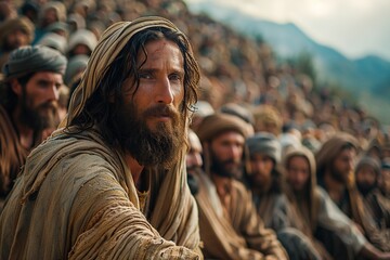 Jesus speaking to a crowd of people.