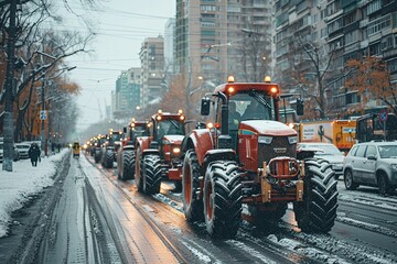 Many tractors blocking city streets.	