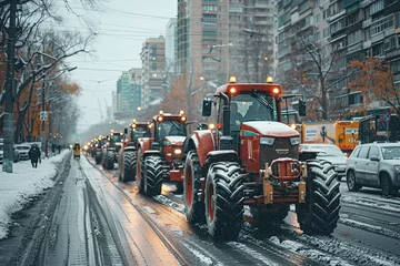 Fotobehang Many tractors blocking city streets.  © Bargais