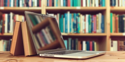 Open laptop and book in library, online resources, online learning
