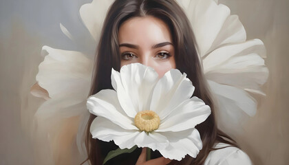 Arte digital estilo pintura al oleo de mujer cubriendo su rostro con una flor. Arte de retrato femenino, delicado.  - obrazy, fototapety, plakaty