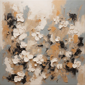 Arte digital estilo pintura al oleo de flores abstractas. Flores abstractas con relieve en tonos neutros apagados
