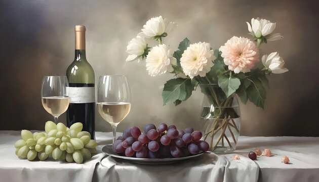 Arte digital estilo pintura al oleo  de bodegon con flores, copas de vino  y fruta. Pintura de flores, vino unas, naranjas. Naturaleza muerta