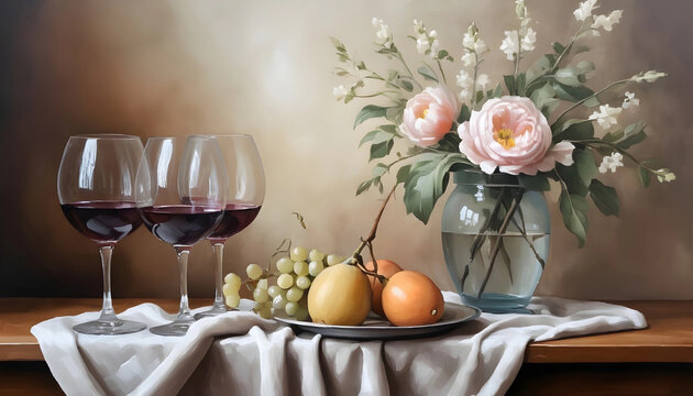 Arte digital estilo pintura al oleo  de bodegon con flores, copas de vino  y fruta. Pintura de flores, vino unas, naranjas. Naturaleza muerta