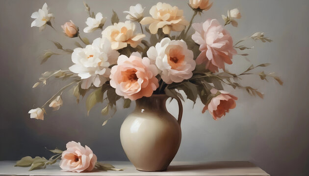 Arte digital estilo pintura al &oacute;leo de jarrones  con flores. Bodeg&oacute;n con flores en colores neutros y c&aacute;lidos. Ilustraci&oacute;n vintage. Naturaleza muerta