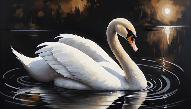 Arte digital estilo pintura al oleo de cisne blanco en fondo negro. Pintura de cisne nadando en un atardecer.