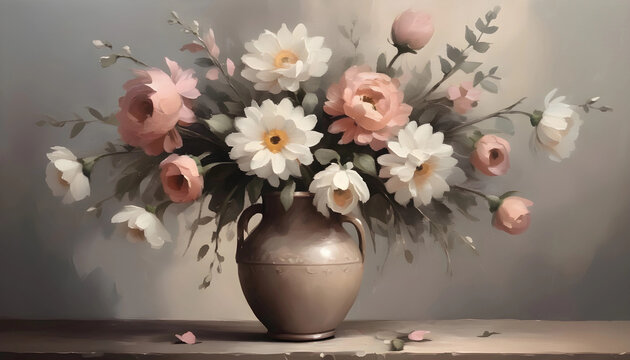 Arte digital estilo pintura al óleo de jarrones  con flores. Bodegón con flores en colores neutros y cálidos. Ilustración vintage. Naturaleza muerta