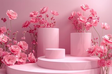 Product podium with pink roses.