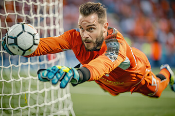Man football goalkeeper is diving to save the ball.