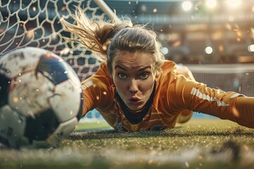 Woman football goalkeeper is diving to save the ball. - obrazy, fototapety, plakaty