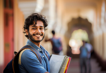 A cheerful young student with a backpack smiling while holding a book on a university campus. - Powered by Adobe