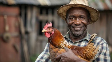 Man from Africa farming, standing in front of a wooden hut, tending to chickens in his natural farm against blurry backdrop, Generative AI. - obrazy, fototapety, plakaty