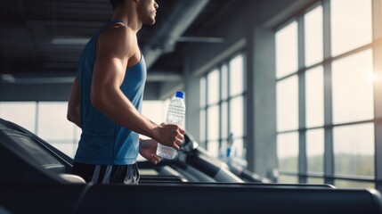 Fototapeta premium Horizontal photo of an unrecognizable man in sports clothes running on a treadmill and holding a bottle of water in the gym. Fitness, Sports, Healthy lifestyle concepts.