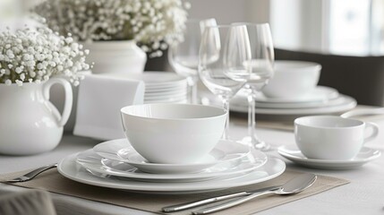 A set of pristine white dinnerware arranged on a table, ready for an elegant dining experience.