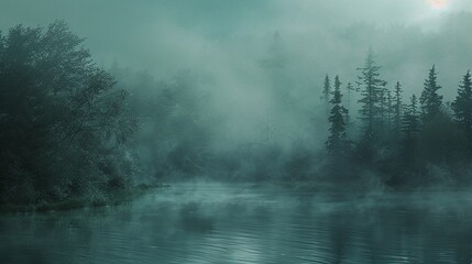 Dense fog rolling over a tranquil forest landscape. - Powered by Adobe