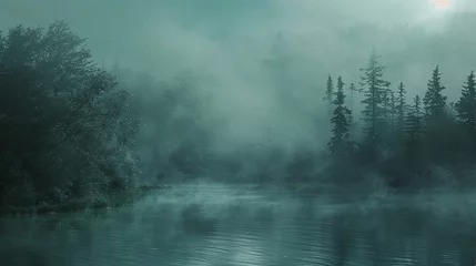 Zelfklevend Fotobehang Mistige ochtendstond Dense fog rolling over a tranquil forest landscape.