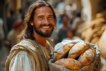 Jesus Christ feeds the poor with bread.
