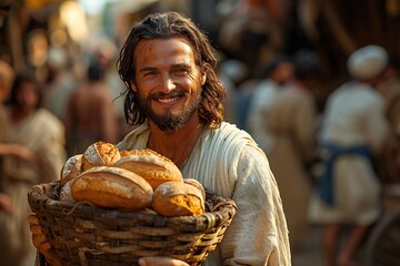 Jesus Christ feeds the poor with bread. - obrazy, fototapety, plakaty