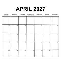 april 2027 calendar. week starts on sunday. printable, simple, and clean design. calendar vector design. - obrazy, fototapety, plakaty