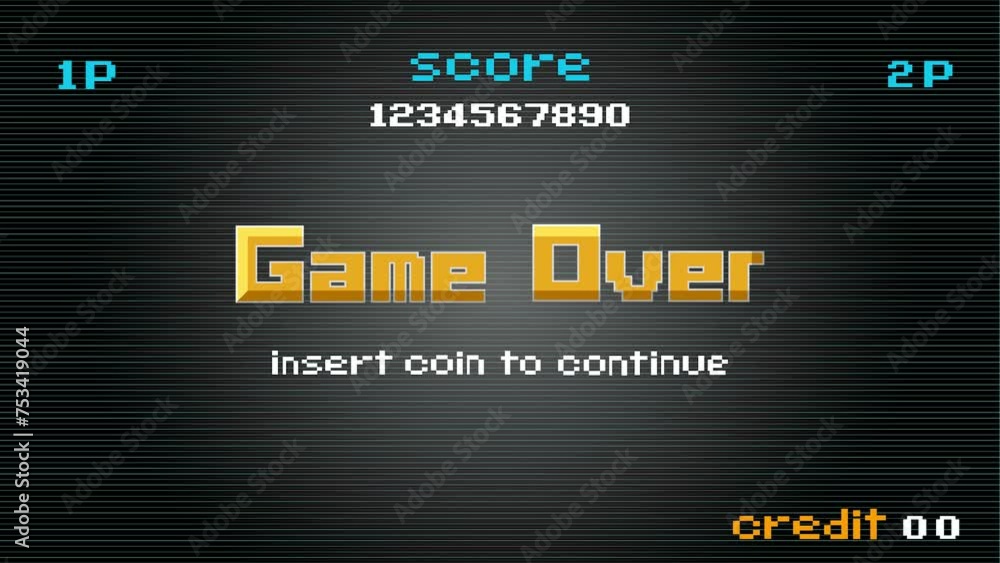 Poster game over insert a coin to continue .pixel art .8 bit game. retro game. for game assets. retro futur