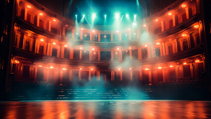 An empty theater with striking lighting effects on stage, ready for a dramatic performance or elegant event.