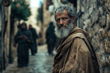 Apostle Peter walking through the streets. Biblical character.