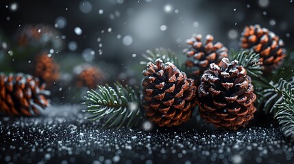 Pine Cones with Snow on a Dark Background - Festive Winter Wallpaper