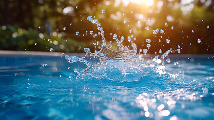 A splash of refreshing water leaps from a crystal-clear pool, captured mid-air, showcasing the essence of vitality and the pure joy of a carefree summer day