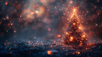 Ethereal Christmas Tree with Glowing Embers and Silver Glitter Lights - obrazy, fototapety, plakaty