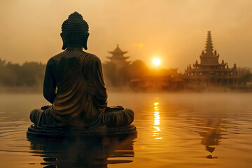 Obrazy na Plexi  buddha statue at sunset in the lake outside the temple, generative ai