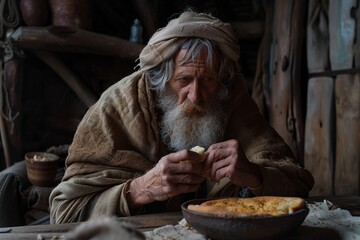 A biblical old man eats bread.
