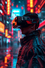 A person wearing a headset and entering metaverse