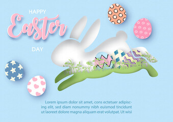 Happy Easter day greeting card in layers paper cut style of a bunny jump shape with Easter day wording, example texts on white paper pattern background.