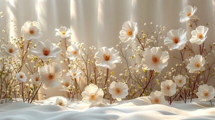 White Flowers in Snow Shining in Sunlight A Luxurious Still Life