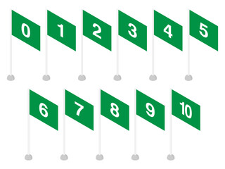 アイソメトリックな斜め上からの角度の数字が書かれた四角形の旗のベクターイラスト素材　0〜10のセット　ベクター／透過PNG／白背景JPEG　グリーン