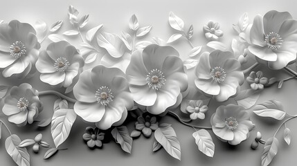 3D Monochromatic Flower Wallpaper in Intricate Design